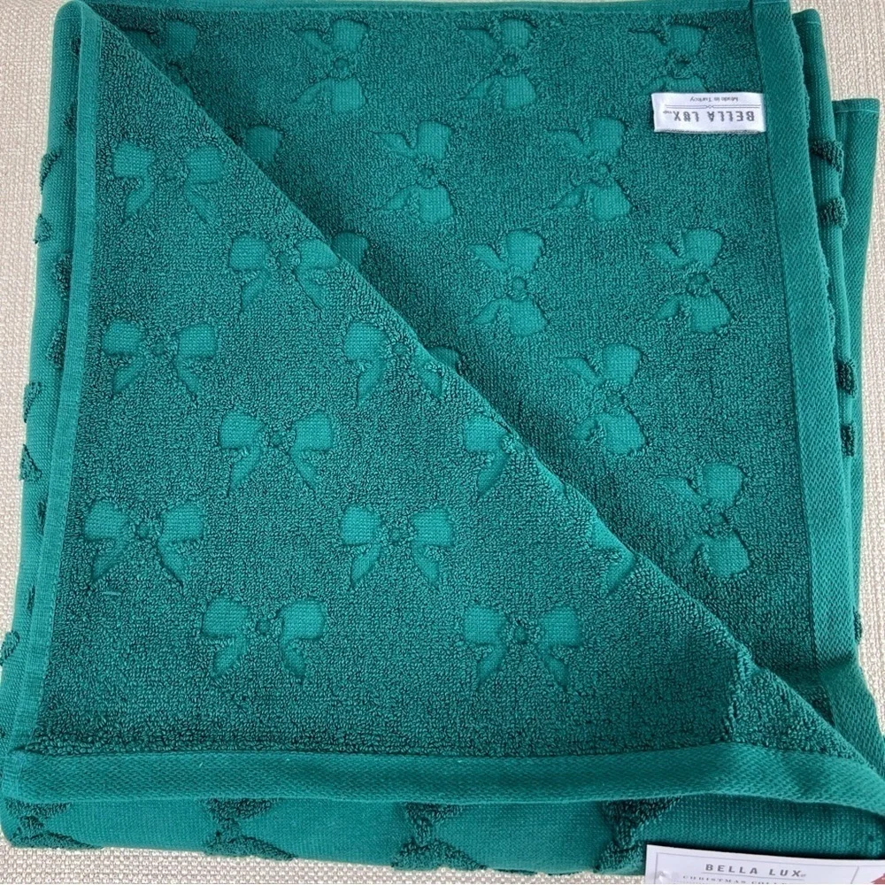 Bella Lux Bathroom Towel Set Christmas Collection Green Bows Cotton Set of 4 NEW